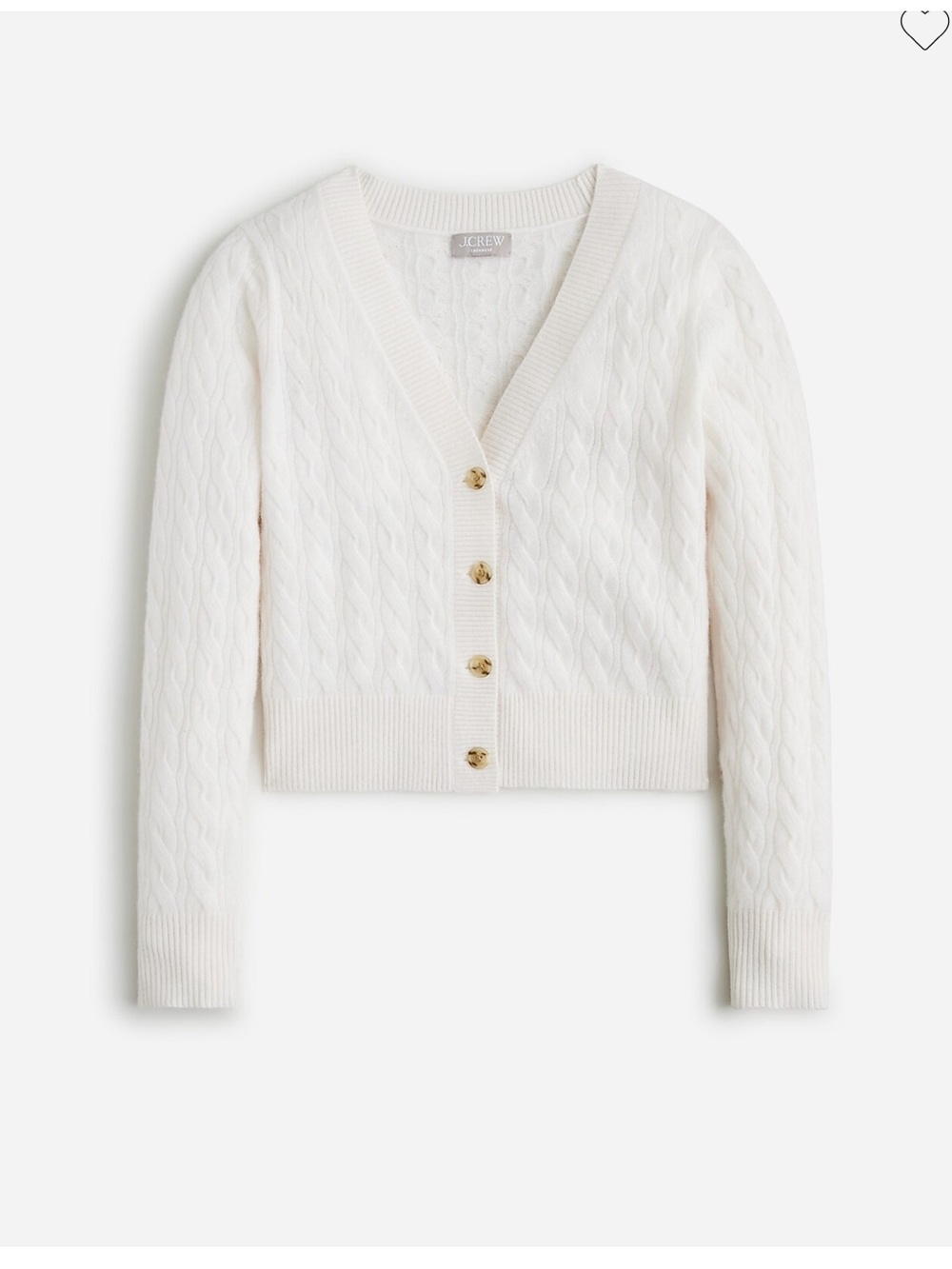 J. Crew Cashmere shrunken cable-knit V-neck cardigan sweater, Snow, L, NWT
